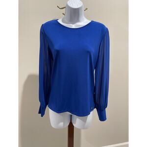 Calvin Klein Blue Long‑Sleeve Top – Sheer Sleeves, Size S